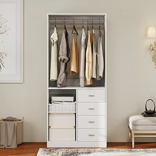 Wood Closet Systems for Built in Closets: Garment Rack with 4 Drawers and Hanging Rail for Built-in Closet or Bedroom Wall Mount White 31.5" W x 15.7" D x 70.8" H