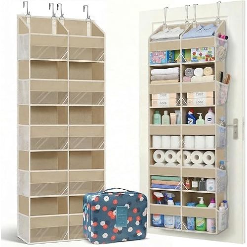 Dual Column Over the Door Organizer with Toiletry Bag - 5 Self Hanging Organizer with 10 Compartments - Heavy Duty Behind the Door Storage for Bedroom, Bathroom, Pantry, Nursery (Grey)
