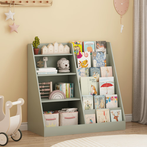 4 Tier Kids Bookshelf and Toy Storage Organizer,Multifunctional Wooden Kids Book Shelf with Bookcase Display Stand for Kids Room,Playroom,Green