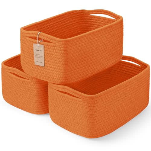 Maxuni 3-Pack Small Storage Baskets for Organizing | Woven Shelf Toy Basket | Rope Baskets for Gifts Empty | Closet Organizer Bins with Handles | Cube Decorative Box | 11.8×7.8×5.1” | Orange
