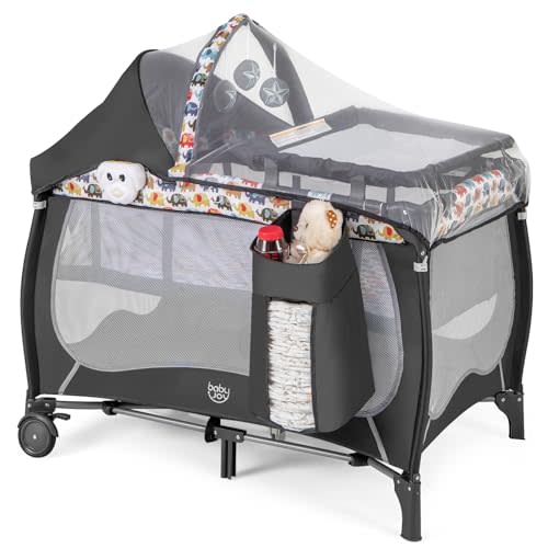 BABY JOY 4 in 1 Pack and Play, Portable Baby Playard with Bassinet, Adjustable Canopy, Changing Table, Lockable Wheels, Music Box, Travel Baby Crib Bassinet from Newborn to Toddler