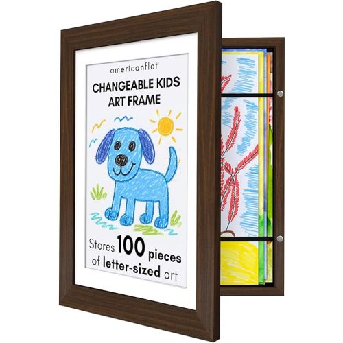 Americanflat 10x12.5 Kids Art Frame - Front Loading Picture Frames Hold 100 Artworks - Use as 8.5x11 Frame with Mat or Display 10x12.5 Artwork Without Mat - My Mini Masterpiece - Walnut