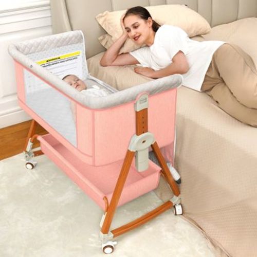 Baby Bassinet Bedside Sleeper, 6 Heights, Cradle Mode, Wheels, Foldable Crib, Pink