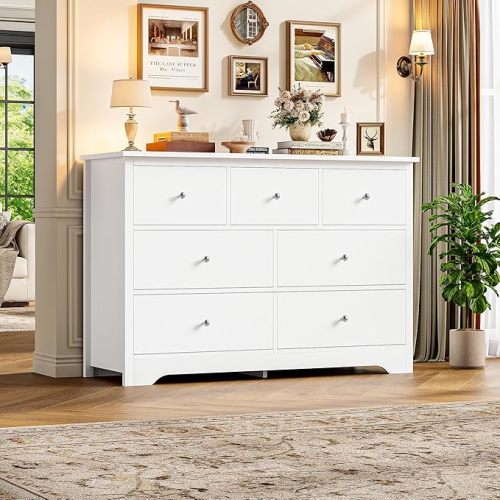 FOTOSOK White Dresser, Dresser for Bedroom, 7 Drawer Chest of Drawers | 47.2'' White Chest of Drawers Modern Dresser with Metal Handles, White Dresser for Bedroom with Large Storage Space for Home