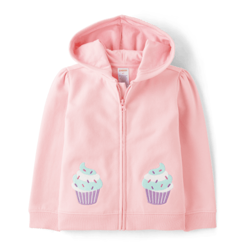 Girls Embroidered Cupcake Fleece Zip Up Hoodie - Birthday Boutique - Pink
