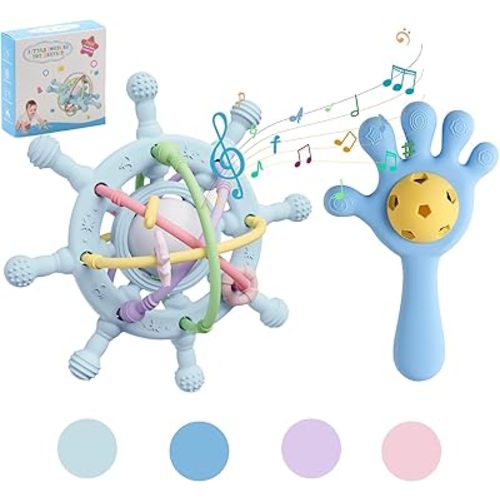 Busy Rattle for Babies, Food Grade Teething Toys for Babies 0 3 6 9 12 18 Months, Newborn Infant Learning Developmental Toys .Sensory Teether Toys,Toddler teether Soothes Teething Pain(Blue)