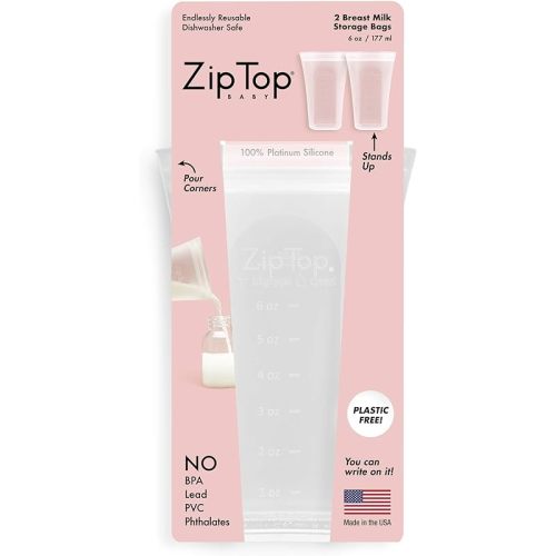 Zip Top Reusable 100% Silicone Breast Milk Storage Bags That Stand Up Stay Open and Zip Shut, Made in the USA - Set of 2 Bags