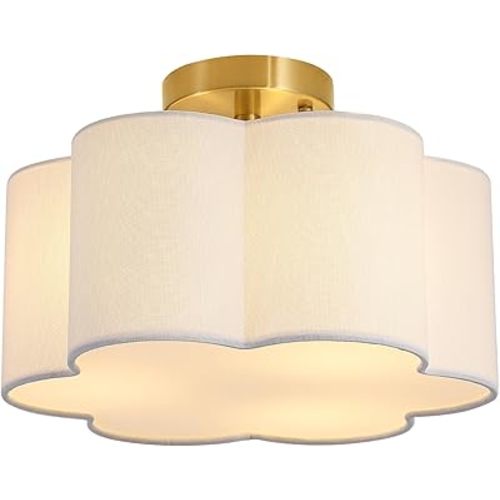 Gold Semi Flush Mount Ceiling Light, 13" Modern 3-Light Ceiling Lighting Fixture for Bedroom Nursery Hallway Entryway, White Fabric Shade in Flower Shape