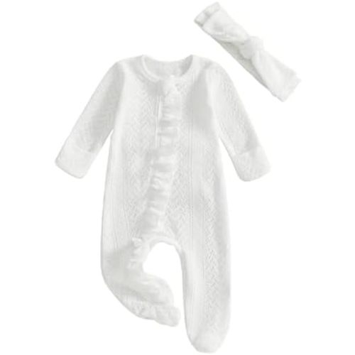 Newborn Baby Girl Outfit Solid Color Long Sleeve Ruffled Trim Zipper Footies Knit Jumpsuit Spring Clothes Headband