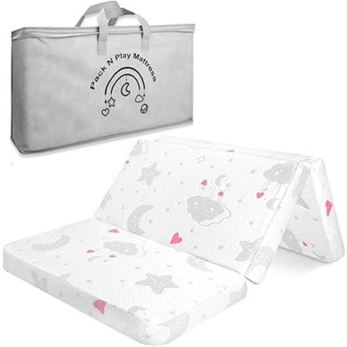 Trifold Pack and Play Mattress, 38"x26" High Density Foam Pack N Play Mattresses for Baby Toddler, Foldable Portable Travel Crib Mattress for Pack N Play with Carry Bag, Heart Pattern