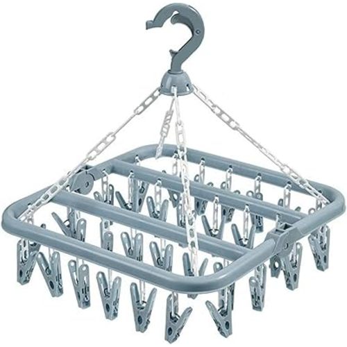 Clothes Drying Hanger with 32 Clips and Drip Foldable Hanging Rack (Light Blue)