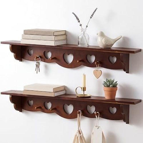 Pinkunn 2 Pack Wooden Heart Shelves 36" Vintage Floating Shelf with Hooks Wood Cottage Core Shelves Decorative Storage Rack for Bedroom, Living Room, Entryway, Bathroom, Kitchen