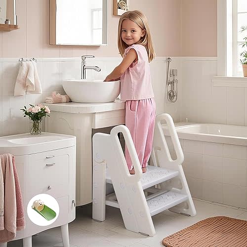 Foldable Toddler Step Stool Adjustable Kids Bathroom Sink and Potty Training Stool with Safety Handrail, Non-Slip Pads, Perfect Kitchen Step Ladder for Children, Grey