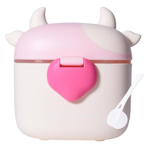 Bebamour Baby Formula Dispenser On The Go, Formula Container to Go, Formula Holder for Travel, Candy Fruit Snack Storage Container with Scoop and Leveller (Light Pink Cow)