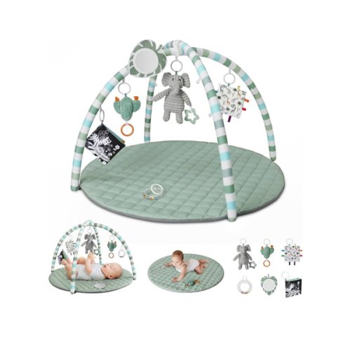 Blissful Diary Baby Play Gym Mat, Play Mat Activity Mat with 6 Detachable Toys for Stage-Based Sensory & Motor Skill Development, Easy to Install & Clean, Baby Essentials Gift, Sage Green