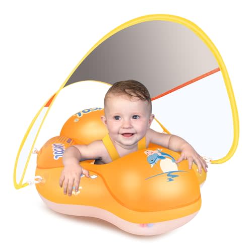 LAYCOL Baby Pool Float with Canopy UPF50+, 5 Point Safety Buckle No Flip Over, Inflatable Toddler Floaties Infant Pool Floats with Double Air Chambers, Baby Beach Essentials/Traval for 3-36M