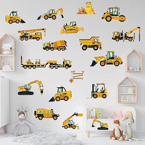 Wall Decals Stickers Construction Vehicles Wall Stickers Tractor Excavator Crane Wall Murals Peel and Stick Removable Wall Decor for Nursery Kid Boys Girls Bedroom Living Room Playroom Classroom