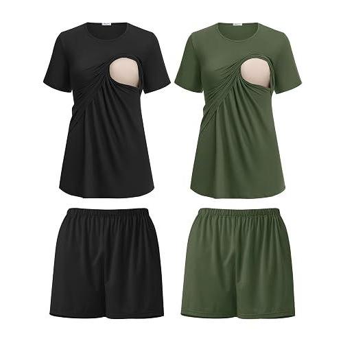 Ekouaer 2 Pack Nursing Pajamas Set Postpartum Outfits for Women | Double Layer Breastfeeding Pjs, Maternity Lounge Set with Shirts and Shorts, Soft Pregnancy Clothes - Tamaño Small, Color Black/Army Green