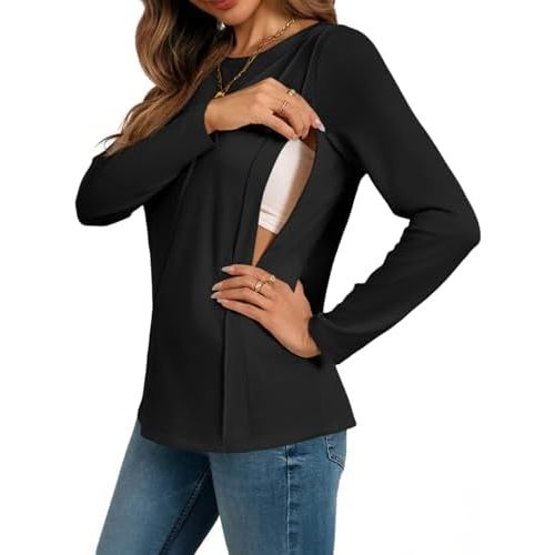 L - Yousify Womens Long Sleeve Nursing Shirts Zipper Maternity Breastfeeding Tunic Tops Seam Pregnancy Clothes