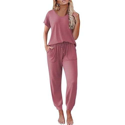 Ekouaer Pajama Sets for Women 2 Piece Lounge Sets Short Sleeve Pullover Top and Jogger Pants Pjs Sleepwear Tracksuit S-XXL