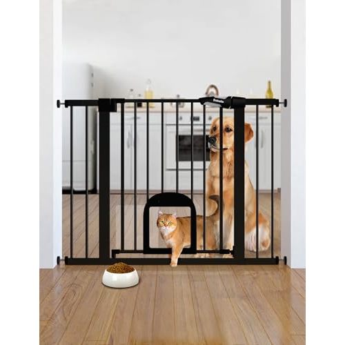 Babelio Upgraded Baby Gate with Cat Door, 29-43" Auto Close Durable Dog Gate for Stairs, Doorways and House, Easy Walk Thru Safety Gate with Pet Door Includes 4 Wall Cups, Black
