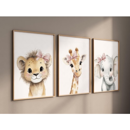Baby Girl Nursery Wall Art Set, Safari Animals with Pink Bows