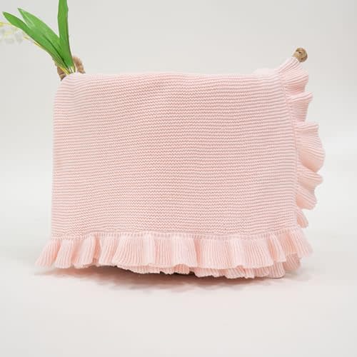 SWaddle AN Ruffle Knit Blanket for Baby - 100% Luxury Soft Cotton Knit Warm Cozy Cuddle Stroller Crib Blanket for Newborns, Infants, & Toddlers (Pink)