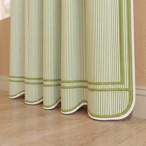Ticking Stripe Pattern Scalloped + Double Border Embroidery Dust Ruffle- Curtain (Panel 1)