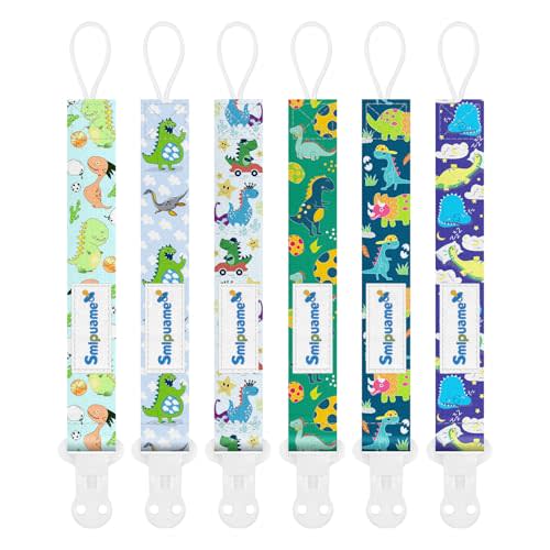 Smlpuame Baby Pacifier Clip for Boys Girl,6 Pack Stylish Binky Clips Strap,Paci Holder with Clips Universal Lightweight Fits Most Pacifiers Teeher Toy Teething Ring Soothie,Baby Gifts(Dinosaur-2)