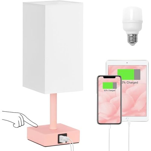 Ambimall Touch Control Table Lamp with USB A+C Charging Ports - 3 Way Touch Lamps Bedside, Nightstand Lamp for Bedrooms, LED Bulb Included(White Shade & Pink Base)