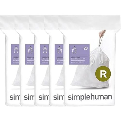 simplehuman Code R 100 Count Custom Fit Liners, Drawstring Kitchen Trash Bags, One-by-One Mess-Free Dispense, Extra Thick & Double Seamed, 50% PCR Plastic, 9-10 Liter / 2.6 Gallon, White