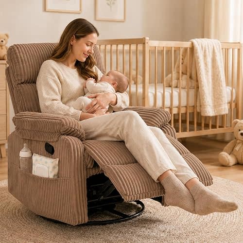 Super Soft Brown Rocking Chair Nursery Recliners, Small Recliner Rocking Chair for Small Spaces, Manual Swivel Glider Recliner for Living Room Bedroom Office, Corduroy, Adjustable Backrest (Brown, 1)
