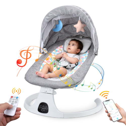 Baby Swing with Bluetooth Remote, 5-Speed Gentle Rocking, Portable Infant Swing for Newborn 0-12M up to 26lbs, Gray