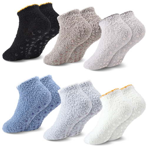 Bocaoying 6 Paris Slipper Socks for Women with Grippers, Non Slip Fuzzy Socks with Grips, Cozy Soft Fluffy Socks for Women Home Hospital and Travel, US Size 5.5-8.5