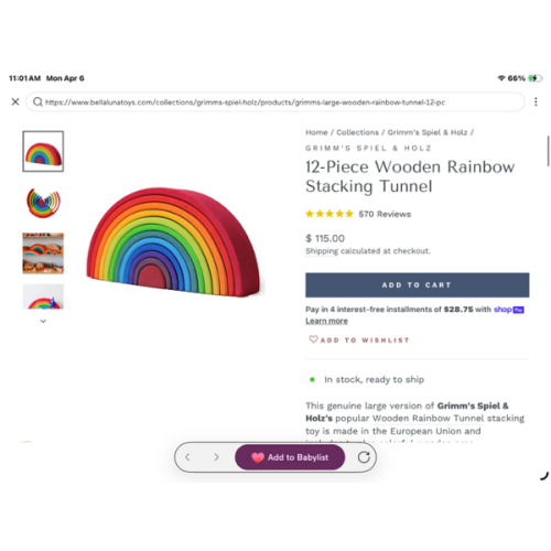 12-Piece Wooden Rainbow Stacking Tunnel