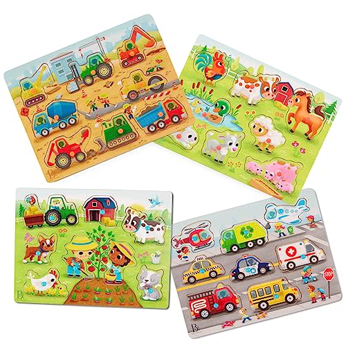 B. toys- Peek & Explore Puzzle 4-Pack- – Wood Toys for Toddlers, Kids – 8 Pieces Each – Vehicles, Trucks, Animals, Barnyard – 2 Years +