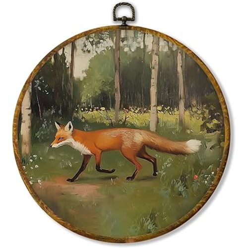 Hiuwevt Rustic Forest Fox Round Wall Art Decor, Nature Woodland Fox Hanging Canvas Prints Artwork Framed, Mild Wildflower Grass Wild Animal Circular Wall Decor for Home Bedroom, 10x10 Inch