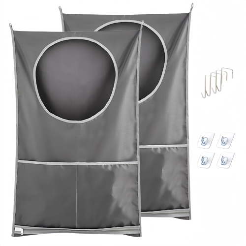 2 Pack Hanging Laundry Hamper Bag, Over the Door Dirty Clothes Basket with Zipper & Pocket, Large Capacity Laundry Organizer with Hooks & Adhesive Stickers for Bathroom, Bedroom, Kids Room