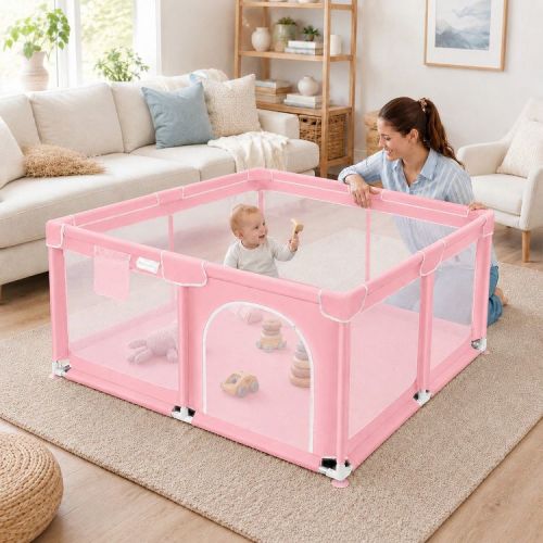 Kmaier Baby Playpen,Large Indoor and Outdoor Play Yards,360° Visibility,For Toddler-(Pink)
