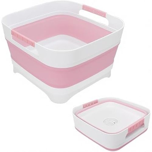 2.4 Gal (9L) Collapsible Dish Basin with Drain Plug, Space Saving Multiuse Foldable Sink Tub, Dishpan, Beverage Tubs for Camping, Vegetable Washing, RV(Pink)