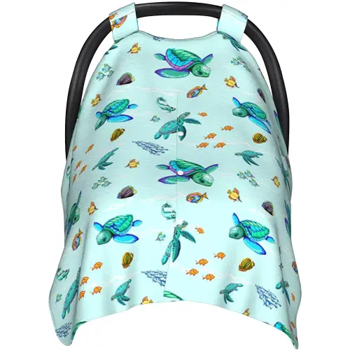 Sea Turtle Baby Car Seat Canopy Cover, Nursing Cover for Newborn, Ocean Beach Theme Stuff for Stroller Cover for All Seasons