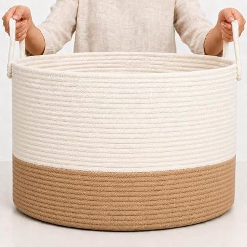 OrganiHaus Round Toy Basket & Blanket Basket, Cotton Rope 20x13"