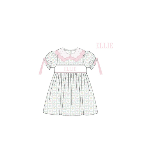 Pre-Order Hand Smocked Custom Name Pink Patchwork Floral Dress