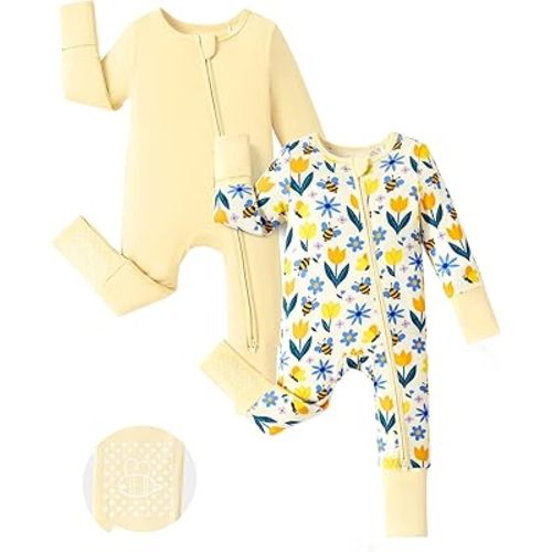 PATPAT Bamboo Viscose Baby Footie 2-Pack with Anti-Slip Grips, NB-2T | 2-Way Zipper, Fold-Over Mittens and Cuffs, Super Soft, Stretchy and Durable, Breathable Fiber