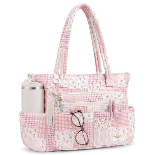WOBAGMEN Teacher Tote Bag for Women, Quilted Floral Laptop Work Tote | with 40oz Cup Holder 15.6" Elegant Laptop Bag with organized laptop storage ,Quilted Bible Nurse Bag with 40oz Cup Holder