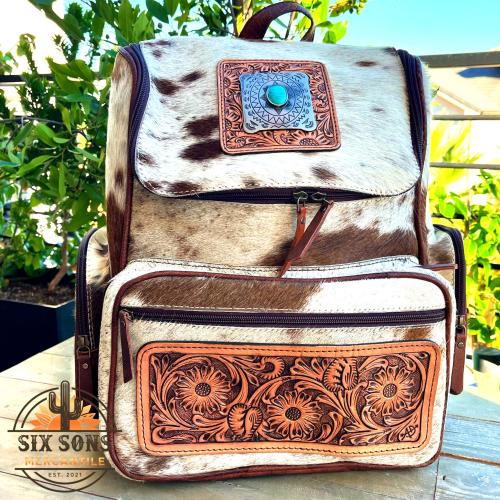 Hand Tooled Leather Backpack, Handmade Leather Backpack purse, Womens Leather Backpack, Hair On Cowhide Hand Tooled Leather Diaper Bag,
