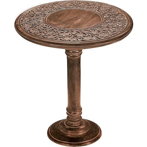 Wooden End Table for Living Room - 18x22 Burnt Finish Carved Side Table, Single Pillar Nightstand, Bedside Table for Books, Plants, Magazines, Small Space Accent Table