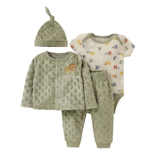 WIBACKER 0-12M Baby Boys' 4-Piece Warm Velvet Lion Outfit Sets, Little Jacket, Pants, Bodysuit and Hat Set