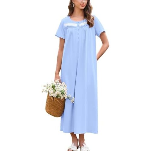 Ekouaer Nightgown for Women Cotton Long Night Gown Short Sleeve Nightdress with Pockets Button Sleepshirt Soft Sleepwear