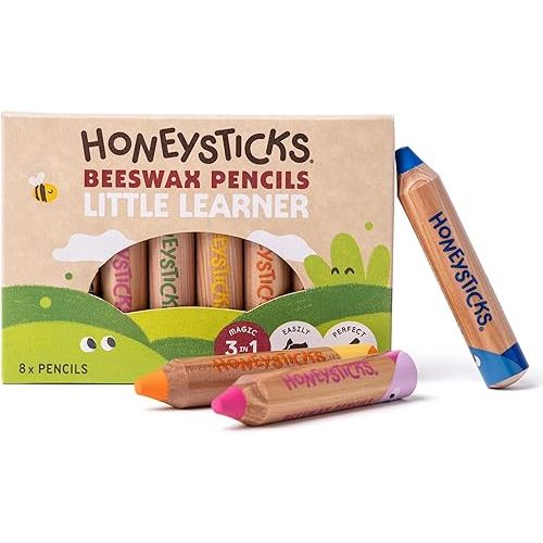 Honeysticks Little Learner Jumbo Colored Pencils (8 Pack) - My First Pencils with Non-Toxic Beeswax Core, Large Easy Grasp Pencil Size, Bright Colors, Toddler Coloring and Drawing, Ages 1-3, 2-4